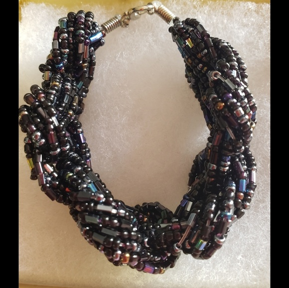 Handcrafted 7" Seed Bead Triple Braided Black Shimmering Bracelet - Picture 2 of 6